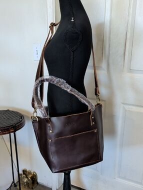 AMS Classic Brown Leather Tote Shoulder Bag - Brown